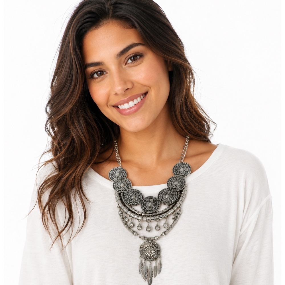 Boho Tribal Silver Tone Bib Statement Necklace Feather Charms Rhinestone Accents